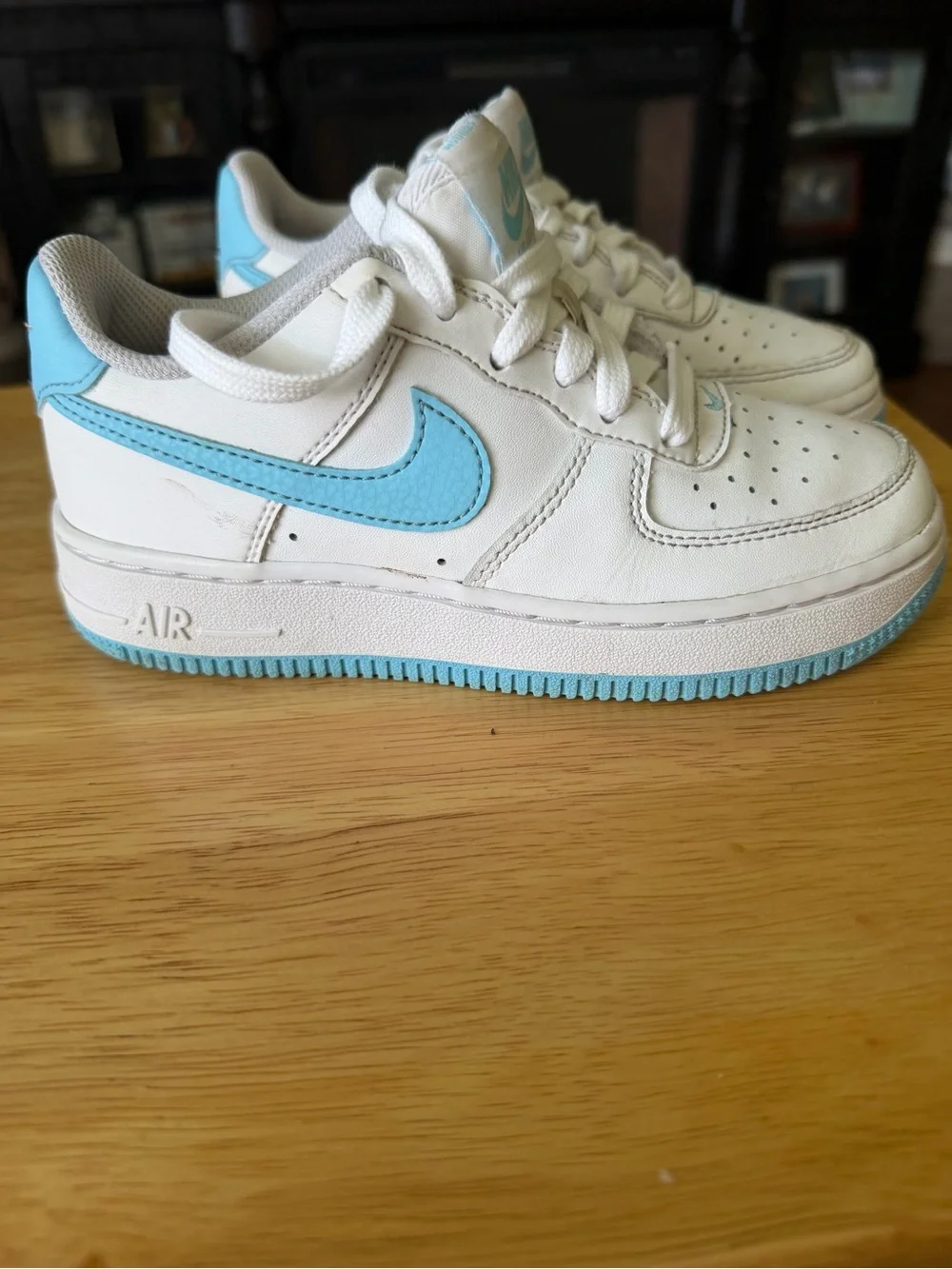 Nike Kids White Sneakers with Light Blue Swoosh